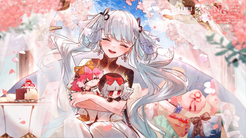 1girl bad_id bad_twitter_id black_collar blue_sky blush bow box cake changli_(wuthering_waves) character_doll cherry_blossoms closed_eyes coat collar commentary_request day earrings facing_viewer food gift gift_box hair_bow highres jewelry jinhsi_(wuthering_waves) long_hair low_twintails lt26 mole mole_on_cheek open_mouth sanhua_(wuthering_waves) sitting sky smile solo twintails very_long_hair white_bow white_coat wuthering_waves