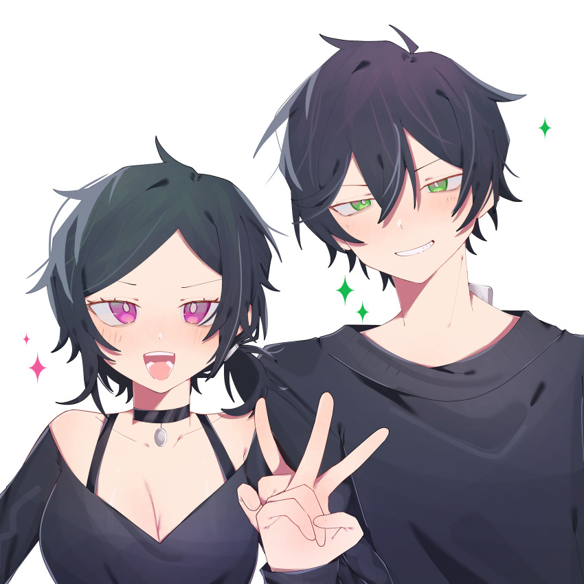 1boy 1girl :d absurdres ahoge andrew_graves ashley_graves bare_shoulders black_choker black_hair black_shirt black_sweater blush bra_strap breasts bright_pupils brother_and_sister choker cleavage commentary double-parted_bangs green_eyes grin hair_between_eyes hair_tie hand_up highres index_finger_raised large_breasts long_sleeves low_ponytail medium_hair off-shoulder_shirt off_shoulder open_mouth pendant_choker pink_eyes ponytail shirt short_hair siblings simple_background smile sparkle straight-on sweater swept_bangs symbol-only_commentary tag tantantan21 teeth the_coffin_of_andy_and_leyley tongue upper_body v v-shaped_eyebrows white_background white_pupils