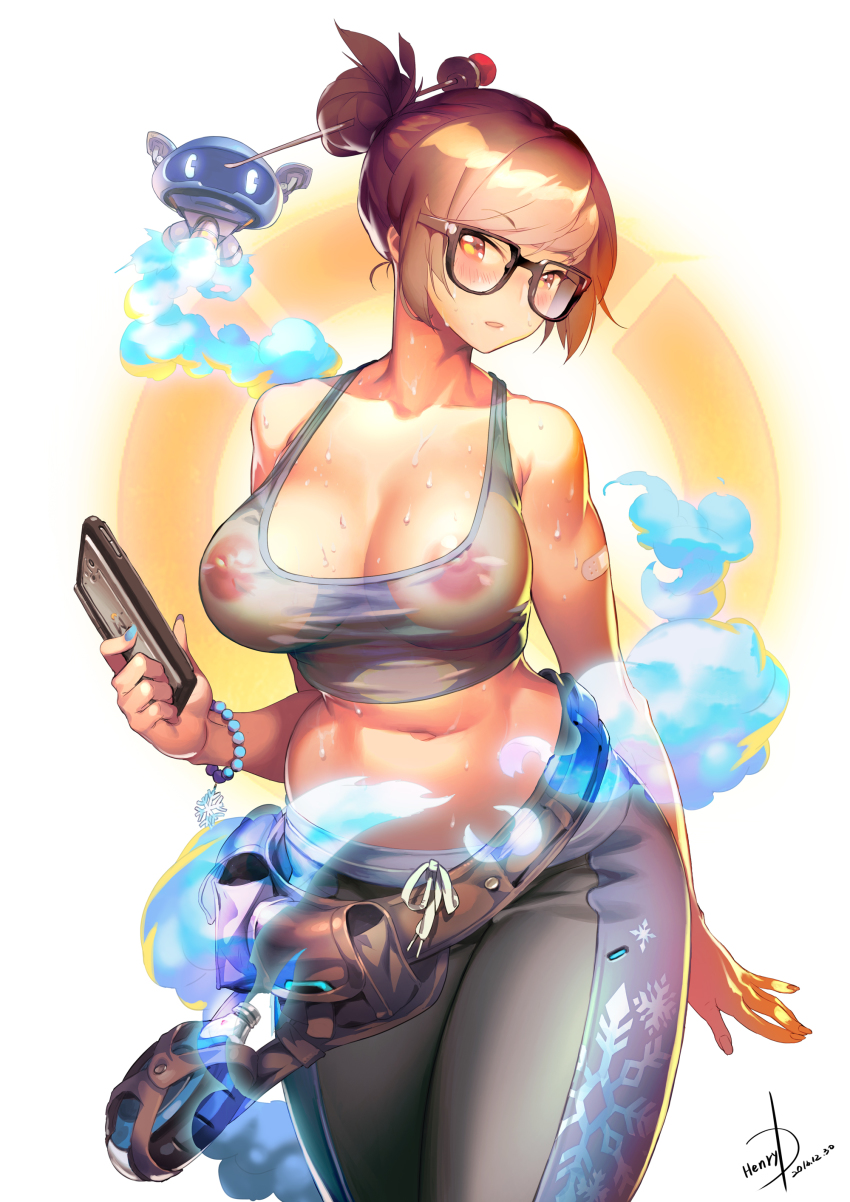 1girl 2016 absurdres alternate_costume areola_slip arm_at_side artist_name bandaid bandaid_on_shoulder bare_shoulders bead_bracelet beads belt belt_pouch black-framed_eyewear blue_nails blush bracelet breasts brown_eyes brown_hair canister cellphone cleavage cold collarbone covered_erect_nipples cowboy_shot crop_top dated drone emblem female_focus fingernails floating hair_bun hair_ornament hair_stick hand_up henry_davis highres holding holding_phone jewelry large_breasts legs_together logo long_fingernails looking_at_viewer machinery matching_hair/eyes mei_(overwatch) midriff nail_polish navel open_mouth overwatch overwatch_1 pants phone pouch print_legwear robot see-through_clothes shirt sideways_glance signature simple_background single_hair_bun sleeveless smartphone snowball_(overwatch) solo sweat swept_bangs wet wet_clothes wet_shirt white_background wide_hips yoga_pants