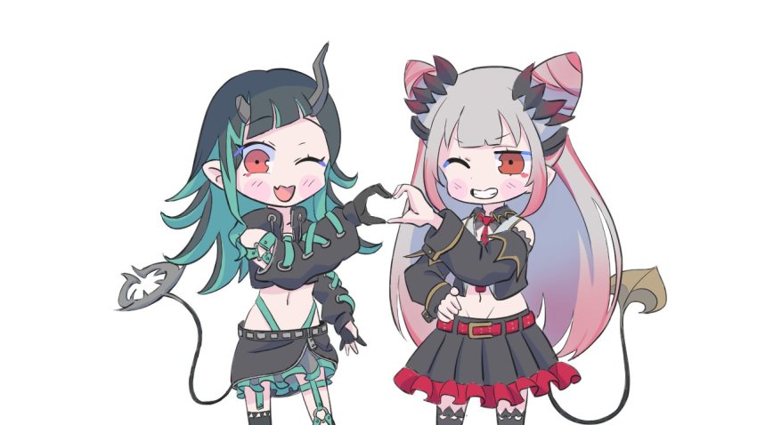 2girls asymmetrical_gloves belt belt_bra black_gloves black_hair black_jacket black_legwear black_skirt black_sleeves black_vest blue_belt blue_hair blue_panties blush chest_belt chibi clothing_cutout commentary_request cone_hair_bun cowboy_shot cropped_jacket cropped_vest cross-laced_clothes cross-laced_sleeves demon_girl demon_horns demon_tail detached_sleeves fang flat_chest frilled_skirt frills garter_straps gin_(tttetu123) gloves gradient_hair grey_hair grey_skirt grin hair_bun heart heart_hands heart_hands_duo highleg highleg_panties holding_hands honey_strap horns interlocked_fingers jacket layered_skirt long_hair long_sleeves midriff multicolored_hair multiple_girls nanashi_inc. navel necktie open_clothes open_jacket open_mouth open_vest panties partially_fingerless_gloves pink_hair pointy_ears red_belt red_eyes red_necktie shishio_chris shoulder_cutout simple_background single_thighhigh skirt smile sugar_lyric suou_patra suou_patra_(1st_costume) tail thighhighs two-tone_hair underwear vest virtual_youtuber white_background zipper zipper_skirt
