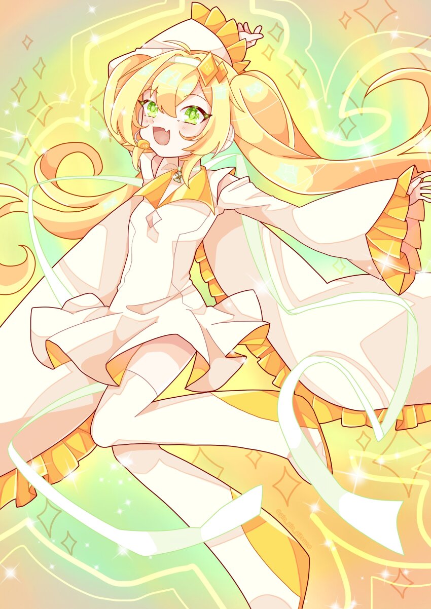 1girl :d absurdres amulet_dia amulet_dia_(cosplay) blonde_hair blush boots breasts cape choker clothing_cutout commentary cosplay diamond_hair_ornament dokibird_(vtuber) dress english_commentary fang frilled_dress frilled_sleeves frills full_body gin_gin_gitsune green_choker green_eyes hair_ornament hairband highres indie_virtual_youtuber long_hair looking_at_viewer open_mouth short_dress shugo_chara! skin_fang small_breasts smile solo thigh_boots thighhighs underboob_cutout very_long_hair virtual_youtuber white_cape white_dress white_hairband white_thighhighs wide_sleeves winged_footwear