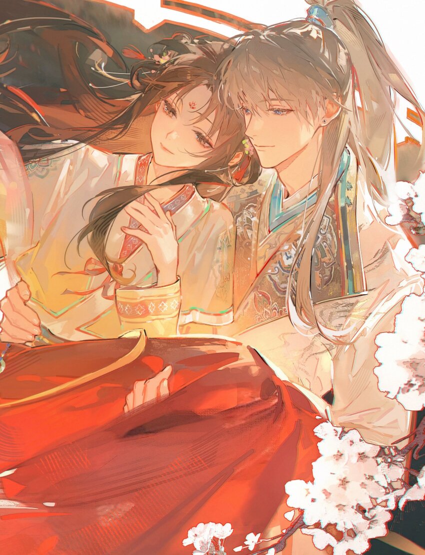 1boy 1girl black_hair blue_eyes branch brown_eyes brown_hair carrying closed_eyes closed_mouth facial_mark flower forehead_mark hair_ornament hand_on_another&#039;s_hip high_ponytail highres holding japanese_clothes long_hair long_sleeves original ponytail princess_carry renjian_shilian sitting smile wide_sleeves
