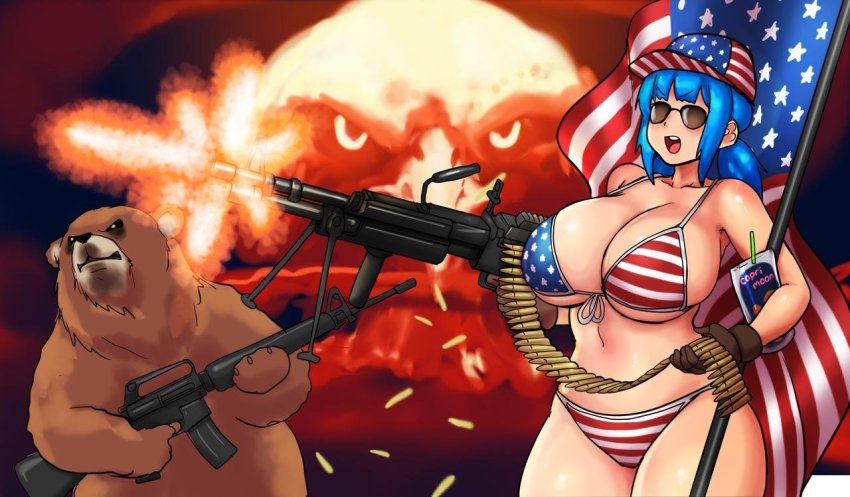 &#039;murica 1girl alternate_hairstyle american_flag american_flag_bikini american_flag_hat american_flag_print ammunition ammunition_belt animal ar-15 assault_rifle bald_eagle bear bikini bird blue_hair brand_name_imitation breasts brown_bear brown_gloves bullet capri_sun curvy drink_pouch eagle erkaz fire firing flag flag_print flag_print_bikini fourth_of_july gloves gun hat holding holding_weapon juice light_machine_gun m16 m16a1 m249_saw machine_gun navel original patriotism ponytail print_bikini rifle rina_atherina squad_automatic_weapon swimsuit weapon