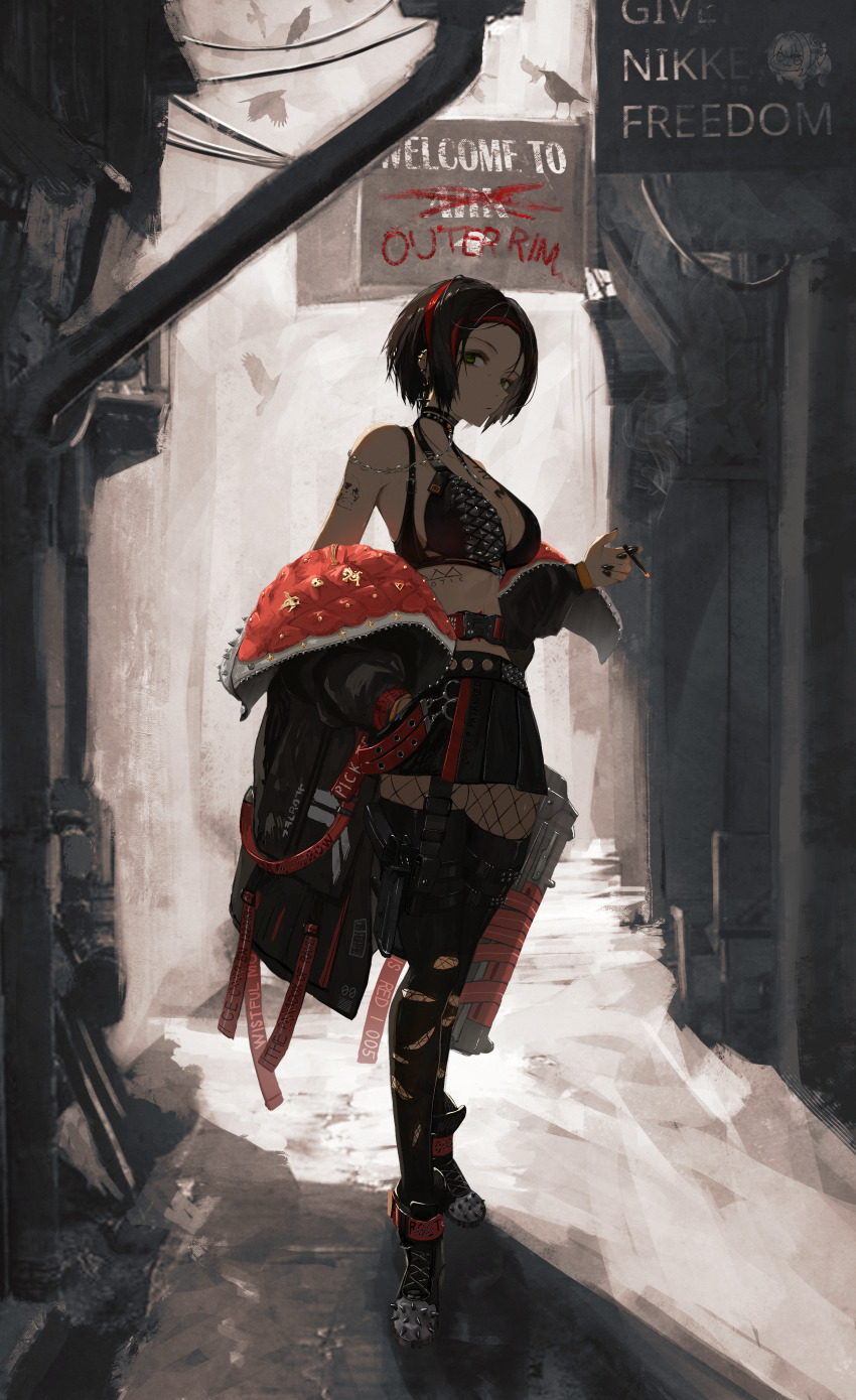 1girl absurdres arm_tattoo bird black_bra black_choker black_hair black_jacket black_shoes black_skirt black_thighhighs bra breast_tattoo breasts choker cigarette commentary crow_(nikke) doro_(nikke) english_text fishnets goddess_of_victory:_nikke green_eyes highres holding holding_cigarette jacket large_breasts miniskirt outdoors shoes short_hair sign skirt solo soondi spiked_shoes spikes stomach tattoo thighhighs underwear