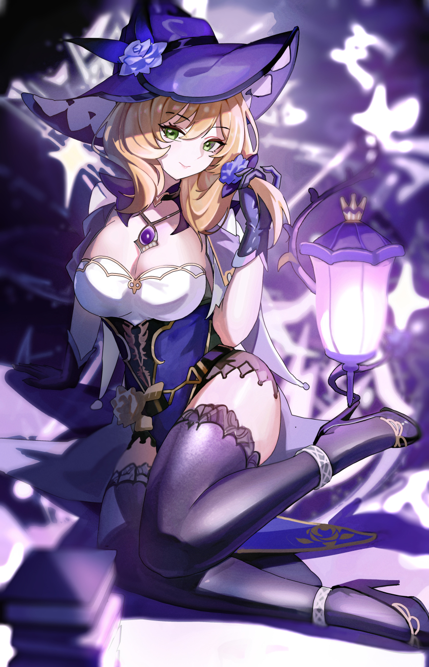 absurdres book breasts brown_hair cleavage closed_mouth dress flower gem genshin_impact gloves green_eyes hat hat_flower high_heels highres lantern lisa_(genshin_impact) long_hair looking_at_viewer purple_dress purple_gemstone purple_gloves purple_hat purple_shoes purple_thighhighs shoes short_sleeves smile solo thighhighs thighs witch_hat wuzhihuijia
