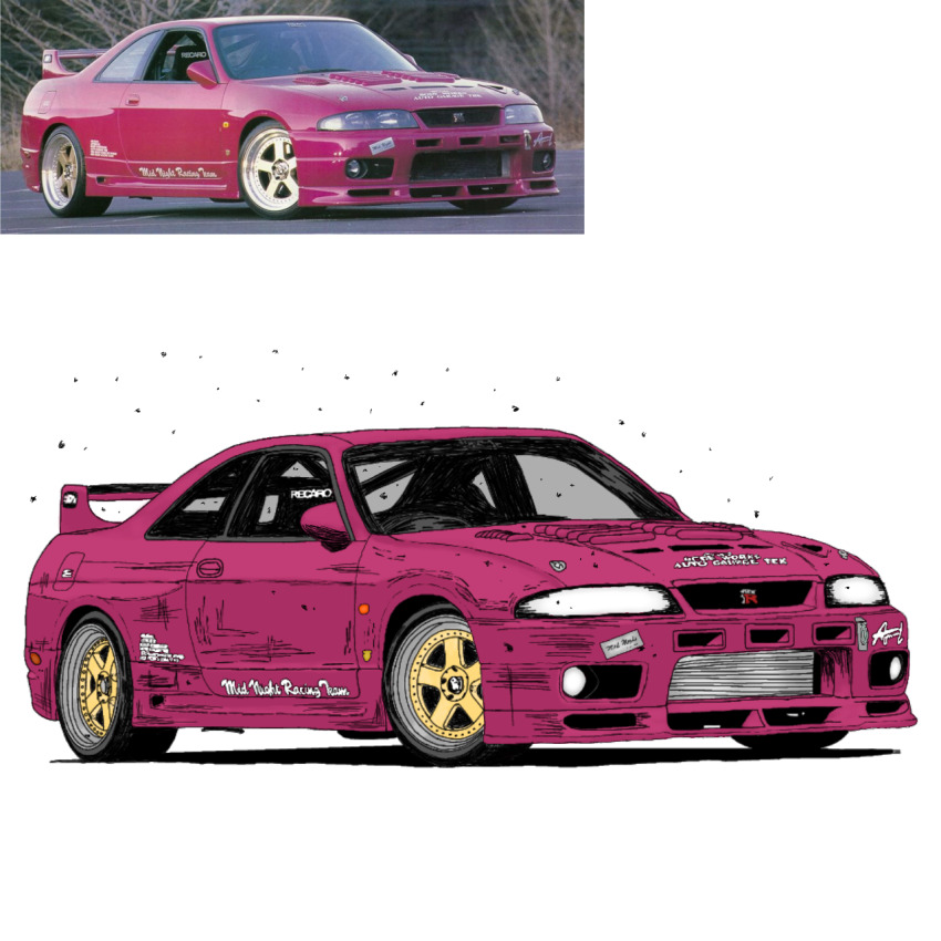 car commentary english_commentary h4f1z-nfs highres midnight_club_(street_racing) motor_vehicle nissan nissan_skyline nissan_skyline_gt-r nissan_skyline_r33 no_humans photo-referenced pink_car reference_inset shadow simple_background spoiler_(automobile) vehicle_focus white_background