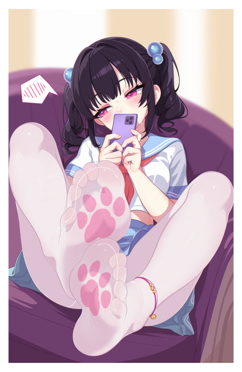 1girl absurdres anklet averting_eyes black_hair blue_sailor_collar blue_skirt blurry blurry_background blush border cellphone chinese_commentary commentary commentary_request covered_mouth embarrassed english_commentary feet foot_focus foreshortening hair_bobbles hair_ornament head_tilt highres holding holding_phone jewelry midriff_peek mixed-language_commentary neckerchief no_shoes original paid_reward_available pantyhose paw_print paw_print_socks paw_print_soles phone pink_eyes red_neckerchief sailor_collar school_uniform shirt short_sleeves skirt smartphone socks soles solo spoken_blush sweat toes twintails white_border white_pantyhose white_shirt yao_(pixiv9482697)