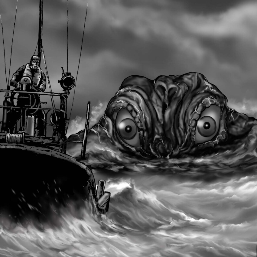 1boy akitsu_seiji alien boat chasing cloud giant giant_monster godzilla_(series) godzilla_chasing_boat_(meme) godzilla_minus_one godzilla_vs._hedorah hat hedorah highres kaiju life_vest meme monochrome monster ocean satoru33 slime_(creature) space_monster splashing swimming textless_version toho variant_set veins vertical_eyes water watercraft waves