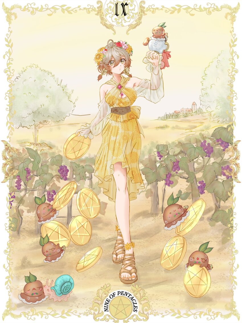 1girl ahoge arm_up braid breasts brown_eyes brown_hair card cleavage criss-cross_halter dress flower food fruit full_body grapes hair_between_eyes hair_flower hair_ornament halterneck highres klara_charmwood low_twin_braids medium_breasts medium_hair molekingy nijisanji nijisanji_en pentacle see-through_clothes see-through_sleeves tarot tarot_card teapot triple_ahoge twin_braids vineyard virtual_youtuber yellow_dress