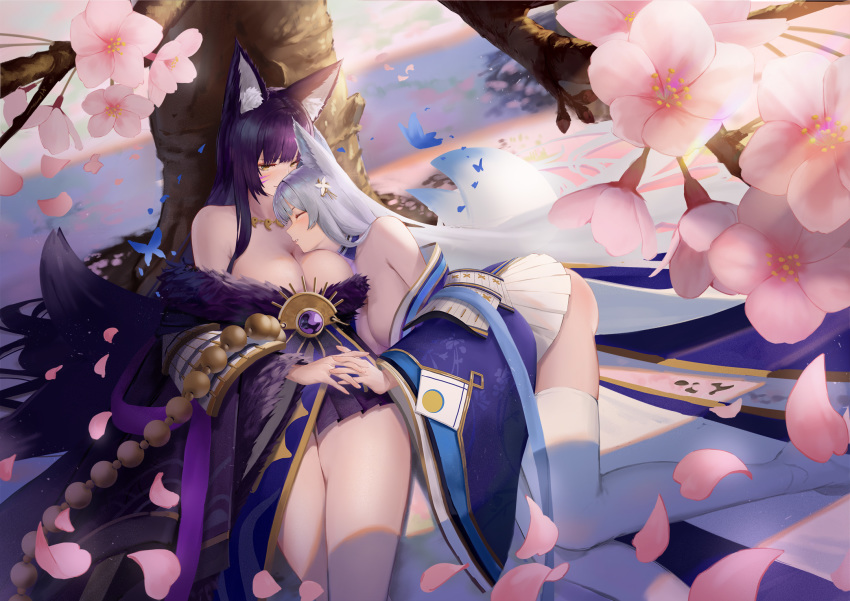 2girls against_tree animal_ear_fluff animal_ears azur_lane beads black_kimono blue_kimono breasts brown_eyes cherry_blossoms closed_eyes facial_mark feather_boa fox_ears fox_girl fox_tail fur-trimmed_kimono fur_trim head_on_chest highres holding_hands interlocked_fingers japanese_clothes jewelry kimono kitsune kneeling kyuubi large_breasts large_tail long_hair low_neckline magatama magatama_necklace multiple_girls multiple_tails musashi_(azur_lane) necklace prayer_beads purple_hair shigma shinano_(azur_lane) short_kimono skirt skirt_under_kimono tail thighhighs tree very_long_hair whisker_markings white_hair white_skirt white_tail