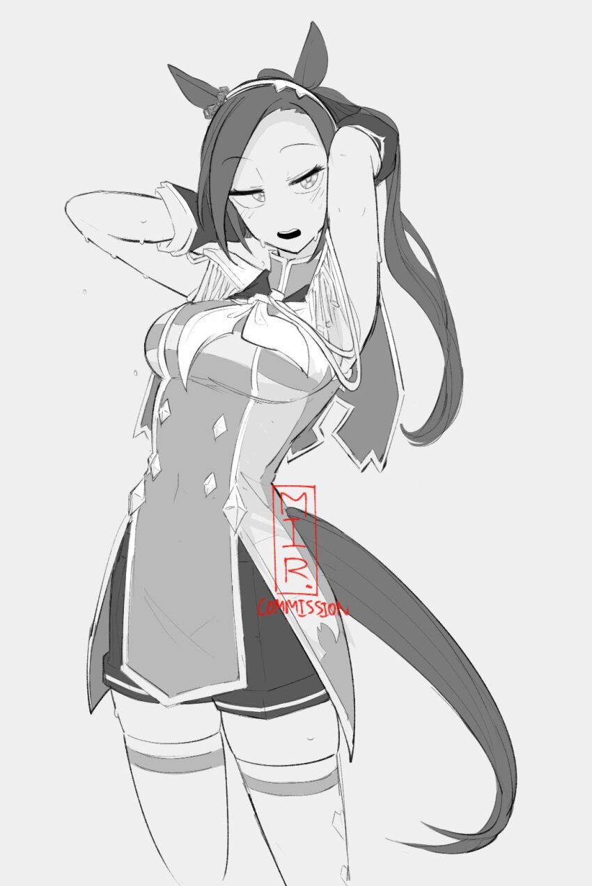 1girl animal_ears armpits arms_up breasts collared_dress commission dress ear_ornament epaulettes flower-shaped_pupils gloves greyscale hairband hand_in_own_hair high_ponytail highres horse_ears horse_girl long_hair medium_breasts mir_(miryumiya) monochrome neckerchief ponytail sakura_bakushin_o_(umamusume) shorts simple_background sleeveless sleeveless_dress solo sweat symbol-shaped_pupils thighhighs umamusume very_long_hair watermark white_background
