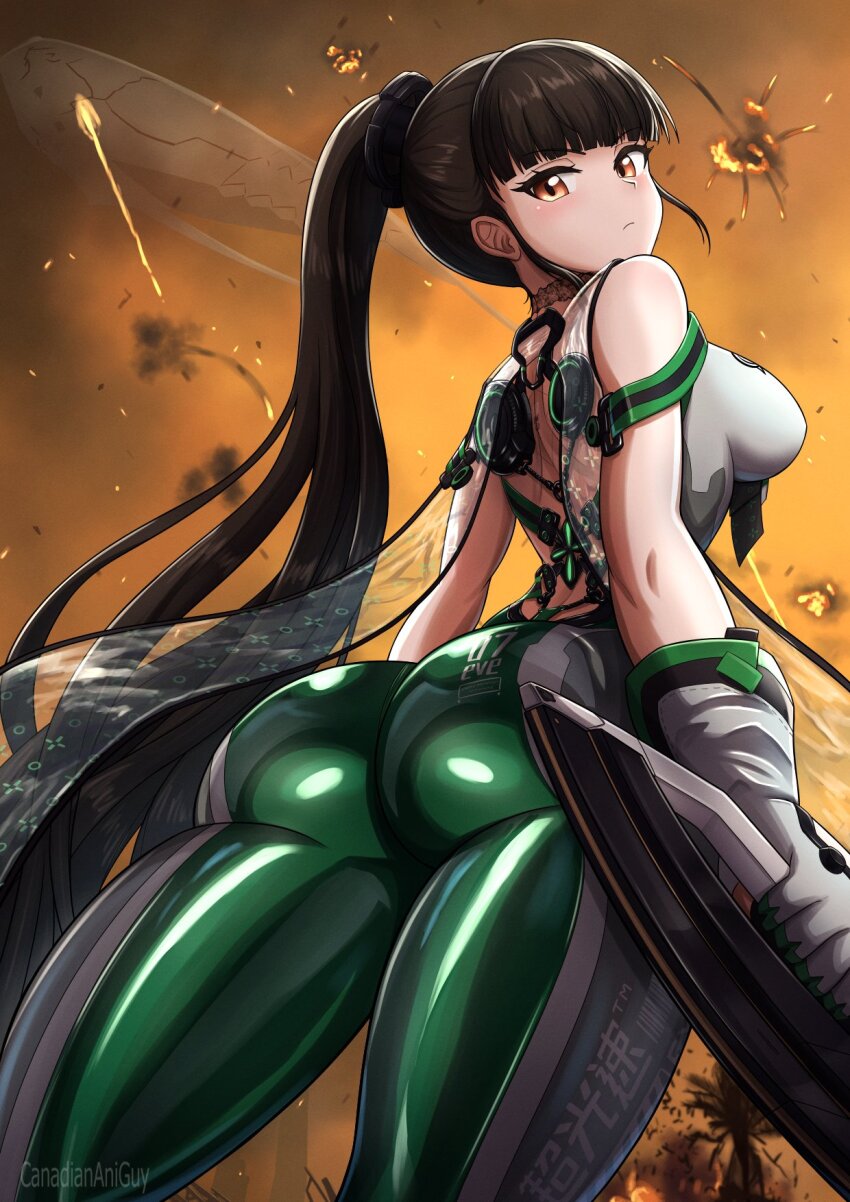 1girl ass ass_focus black_hair blood_edge_(stellar_blade) blunt_bangs bodysuit breasts brown_eyes canadiananiguy duplicate eve_(stellar_blade) from_behind gloves green_bodysuit highres holding holding_weapon long_hair looking_at_viewer medium_breasts military_vehicle multicolored_bodysuit planet_diving_suit_(7th)_(stellar_blade) ponytail science_fiction serious shiny_clothes skin_tight solo spacecraft stellar_blade thick_thighs thighs tight_clothes very_long_hair weapon
