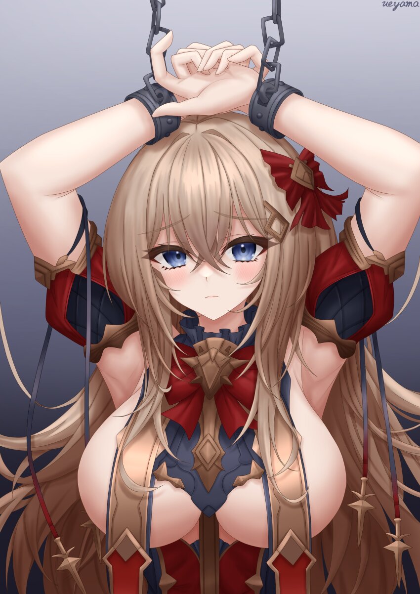 1girl absurdres armpits arms_up azur_lane between_breasts blonde_hair blue_eyes bound bound_wrists breast_curtains breasts chain cuffs dress fortune_(azur_lane) fortune_(meta)_(azur_lane) hair_between_eyes hair_ornament hair_ribbon highres large_breasts light_blush long_hair looking_at_viewer red_dress ribbon shackles signature simple_background solo ueyama_0clock upper_body