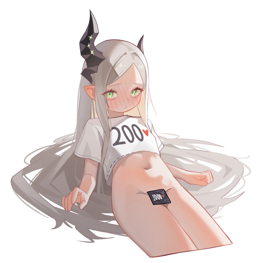 1girl absurdres asymmetrical_horns black_horns blush closed_mouth condom cropped_legs cut-here_line ear_blush goddess_of_victory:_nikke green_eyes grey_hair highres holypotato0 horns leviathan_(nikke) long_hair looking_at_viewer lying navel on_back pointy_ears shirt short_sleeves solo stomach twitter_cutting_game uneven_horns very_long_hair white_background white_shirt