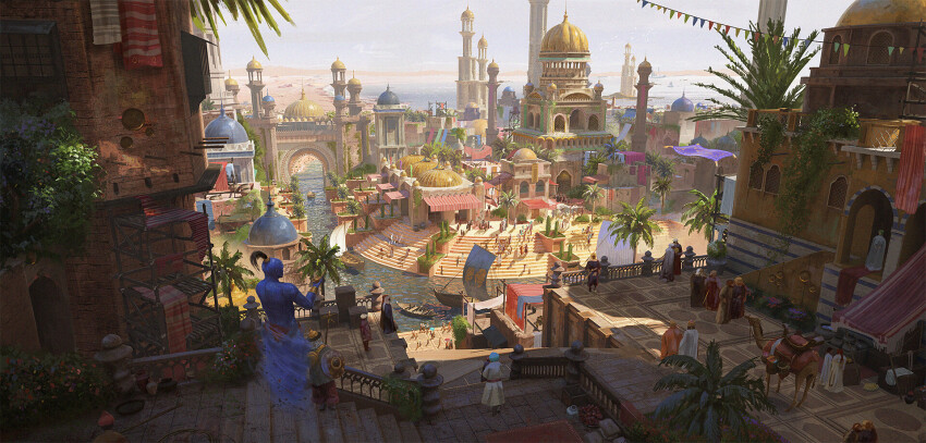 aladdin_(movie) bird boat building bush camel canopy_(shelter) city cityscape commentary cyclecircle day english_commentary fantasy gate genie_(aladdin) highres mountainous_horizon outdoors palm_tree people polearm railing river sail scaffolding scenery shadow shield stairs tree walking water watercraft weapon wide_shot window