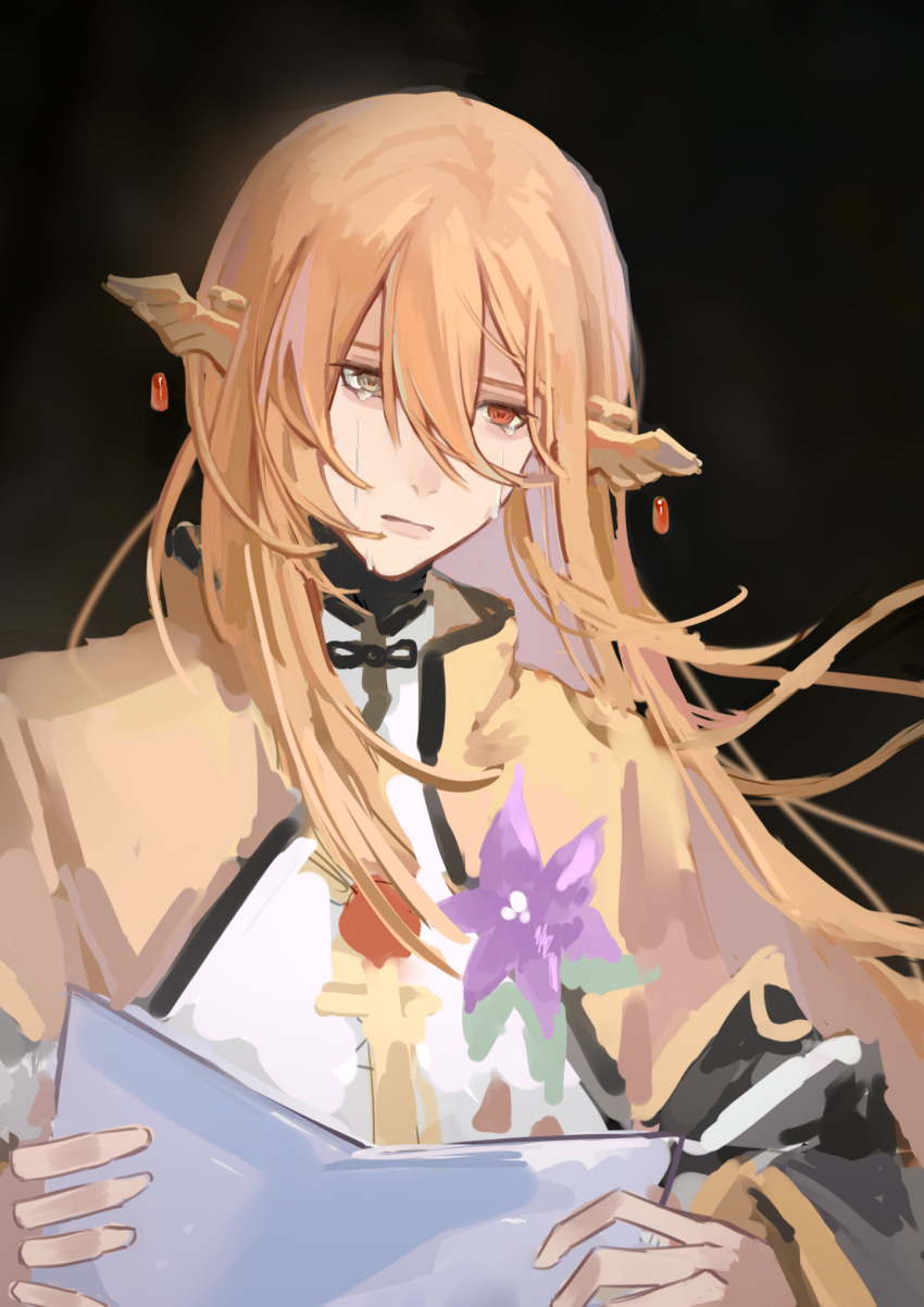 1boy black_background brown_hair buddha&#039;s_temptation_(the_tale_of_food) changpao chinese_clothes chinese_commentary cihe185404 closed_mouth corsage crying crying_with_eyes_open double-parted_bangs flower grey_eyes hair_between_eyes hair_ornament heterochromia highres holding holding_paper jacket layered_sleeves light_smile lips long_bangs long_hair long_sleeves looking_ahead loosely_tucked_bangs male_focus paper purple_flower red_eyes robe simple_background solo tears the_tale_of_food upper_body very_long_hair white_robe wide_sleeves wing_hair_ornament yellow_jacket