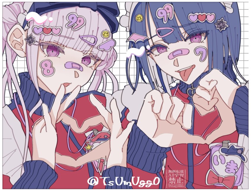 bandaid brother_and_sister heart heart_hands highres long_hair long_sleeves looking_at_viewer matching_outfits open_mouth pink_eyes pink_hair purple_hair siblings simple_background the_hundred_line_-last_defense_academy- tongue tongue_out tsukumo_ima tsukumo_kako twins white_background
