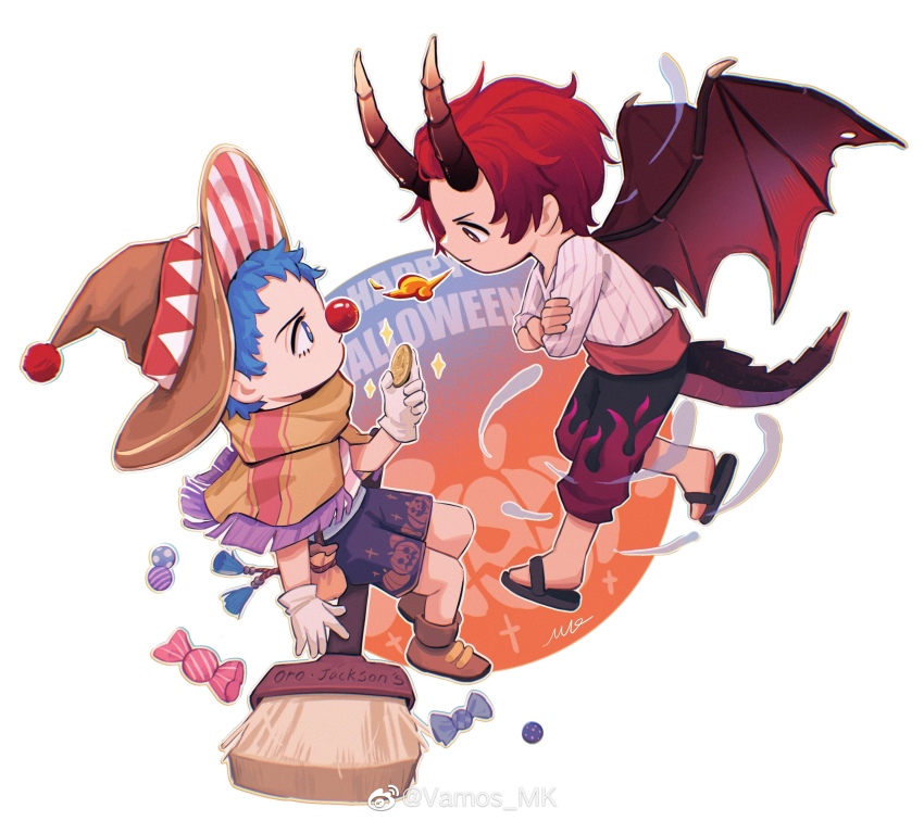2boys absurdres bag blue_hair breath_weapon breathing_fire broom broom_riding brown_capelet brown_hat brown_shoes buggy_the_clown candy capelet chibi chibi_only clown_nose coin dragon_boy dragon_horns dragon_tail dragon_wings fire flame_print food full_body gloves happy_halloween hat highres holding holding_coin horns looking_at_another multiple_boys one_piece pumpkin_print red_hair sandals satchel shanks_(one_piece) shoes short_hair shorts sidesaddle tail tassel vamos_mk white_gloves wings witch_hat wrapped_candy