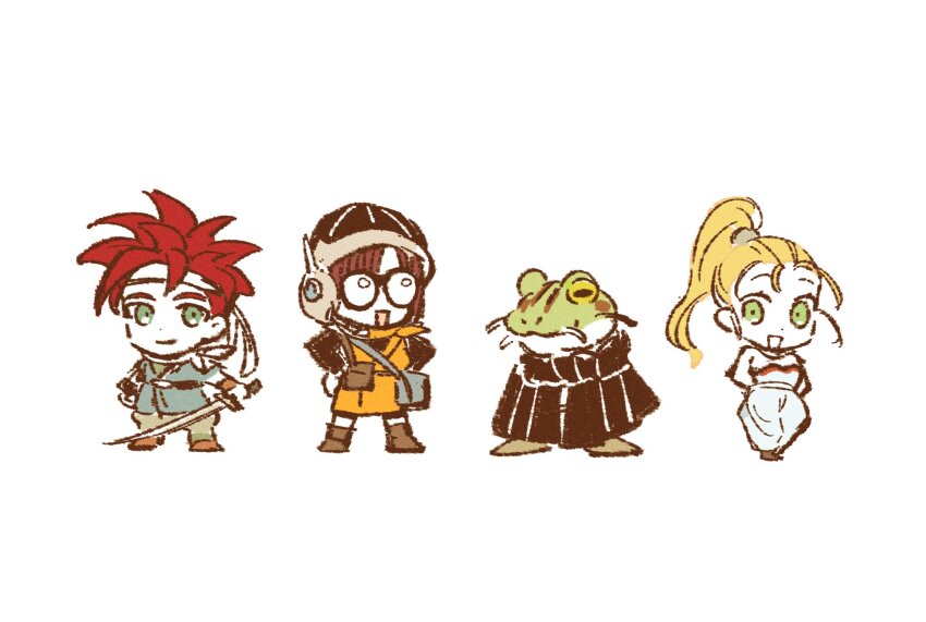 2boys 2girls asumi_chikyuu bag black_cloak blonde_hair blue_eyes blue_tunic boots brown_boots chibi chibi_only chrono_trigger cloak closed_mouth crono_(chrono_trigger) frog_(chrono_trigger) frog_boy glasses green_eyes hair_tie headband headset helmet highres holding holding_sword holding_weapon horizontal_pupils long_hair lucca_ashtear marle_(chrono_trigger) multiple_boys multiple_girls neckerchief open_mouth orange_tunic ponytail purple_hair red_hair romper short_hair shoulder_bag sketch smile spiked_hair sword tunic weapon white_background white_headband white_romper