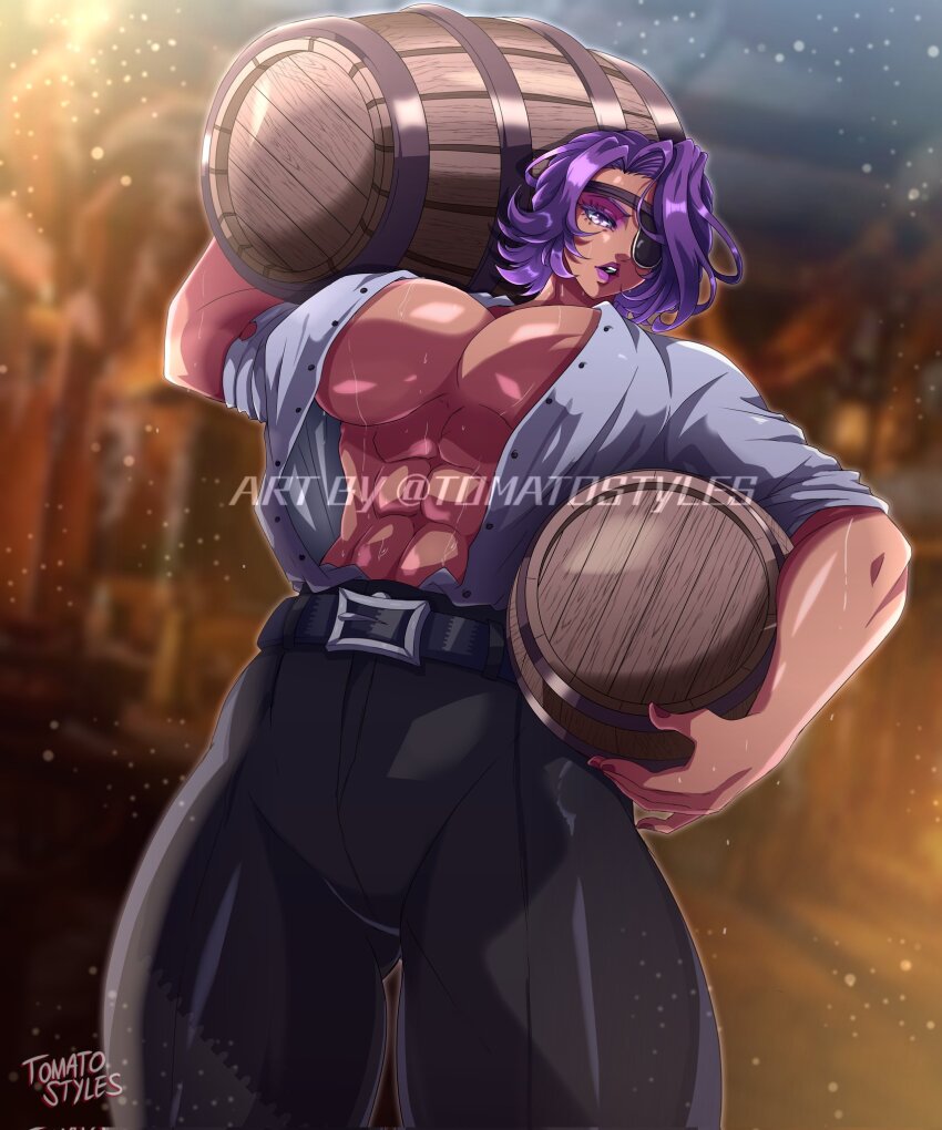 1girl abs amalia_(unicorn_overlord) barrel breasts cleavage commission commissioner_upload eyepatch eyeshadow highres makeup muscular muscular_female purple_eyeshadow purple_hair purple_lips sweat tall_female tomato_styles unicorn_overlord vanillaware