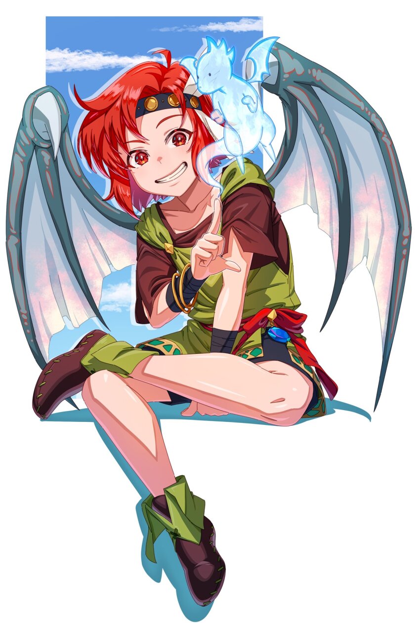 1boy aduti_momoyama black_headband child crossed_legs dragon_boy dragon_wings fire_emblem fire_emblem:_mystery_of_the_emblem fire_emblem_heroes hashtag-only_commentary headband highres male_focus nintendo official_alternate_costume red_eyes red_hair sitting smile solo white_background wings xane_(fickle_dragon)_(fire_emblem) xane_(fire_emblem)