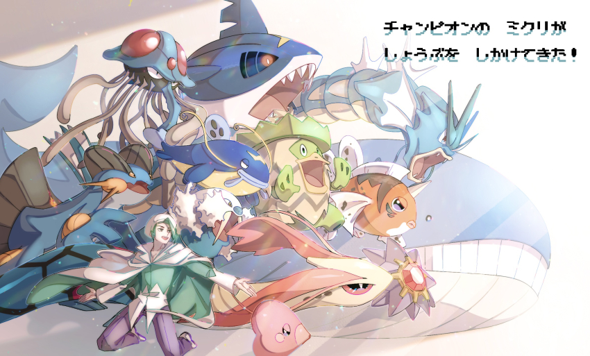 1boy :d cloak commentary_request gen_1_pokemon gen_3_pokemon green_shirt gyarados hat highres kado_51 kneeling long_sleeves ludicolo luvdisc male_focus milotic nintendo open_mouth pants pokemon pokemon_(creature) pokemon_emerald pokemon_rse purple_pants seaking sharpedo shirt shoes smile starmie swampert tentacruel wailord wallace_(pokemon) walrein whiscash white_hat