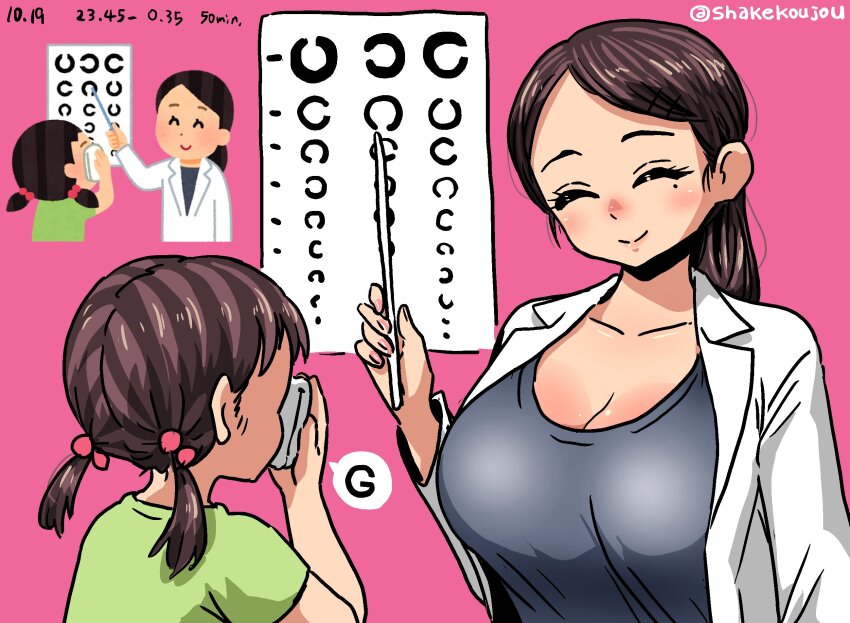 2girls black_hair black_shirt bottle breasts cleavage closed_eyes coat covered_navel doctor highres holding irasutoya irasutoya_challenge lab_coat large_breasts looking_at_viewer multiple_girls multiple_views open_mouth shake-o shirt short_hair smile twintails white_coat
