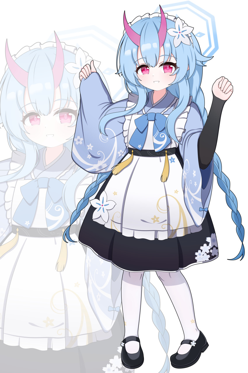 1girl absurdres apron black_dress black_shoes blue_archive blue_bow blue_bowtie blue_hair blue_halo blue_kimono bow bowtie braid chise_(blue_archive) commentary demon_horns dress flower frilled_apron frilled_hairband frills hair_flower hair_ornament hairband halo highres horns japanese_clothes kimono long_hair looking_at_viewer maid maid_apron maid_headdress red_eyes shoes single_horn teeth thighhighs tonghua_sakana white_apron white_background white_thighhighs