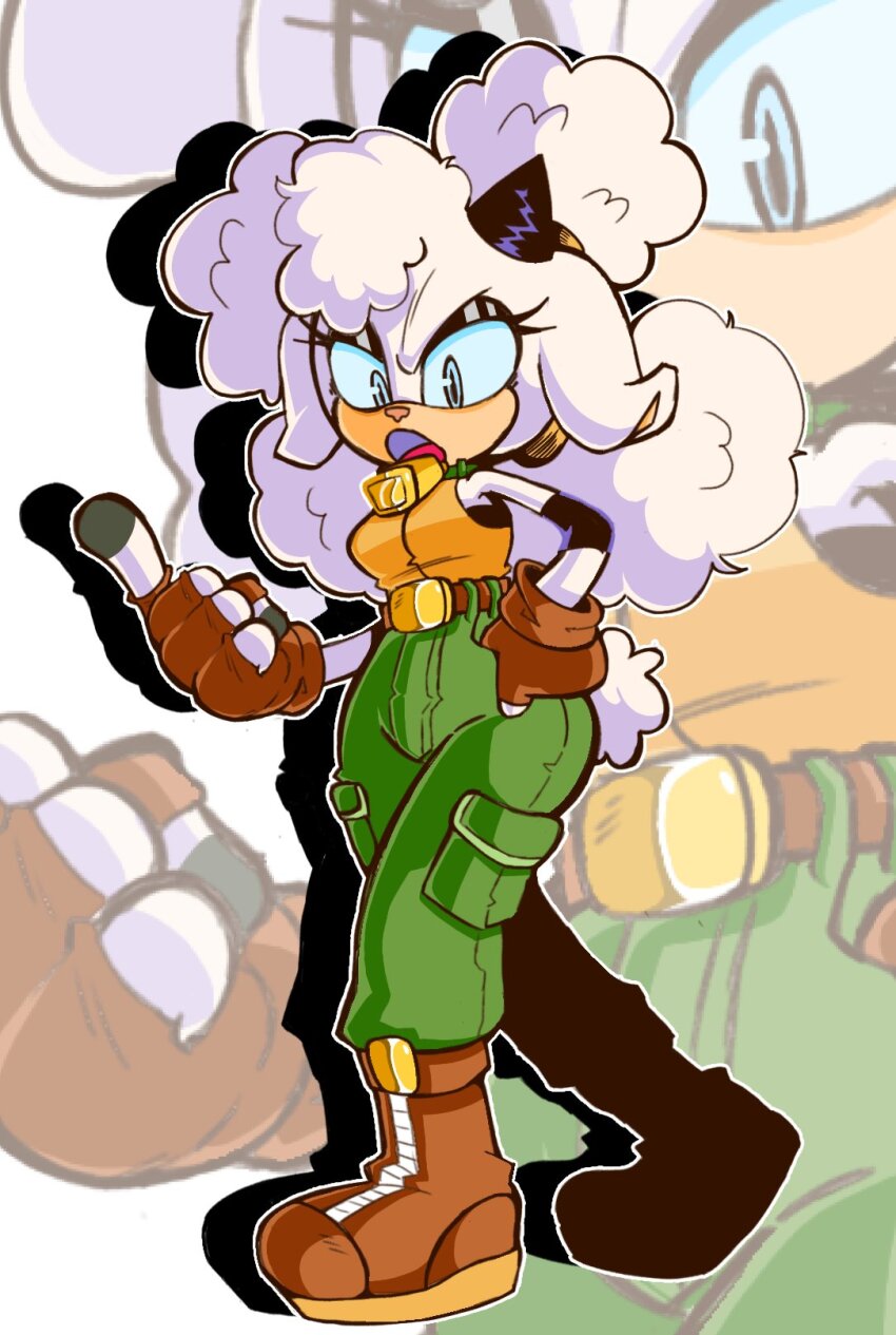 1girl annoyed bell boots cargo_pants cowbell derekin4k fingerless_gloves fluffy full_body gloves highres lanolin_the_sheep pants sheep sonic_(series) sonic_the_hedgehog_(idw) tank_top