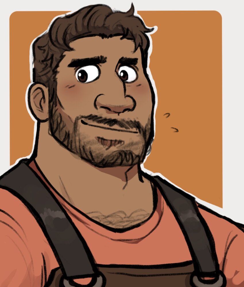 1boy adam&#039;s_apple apron bara beard blush brown_hair chest_hair_peek coral_island dark-skinned_male dark_skin facial_hair full_beard highres male_focus mature_male portrait rafael_(coral_island) sanpaku short_hair smile softbeef solo tareme thick_eyebrows thick_neck