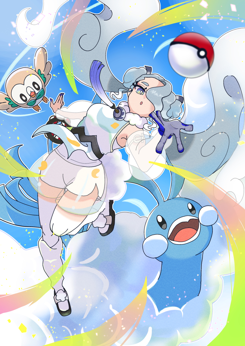 1girl absurdres altaria artist_request blue_eyes flying_miku_(project_voltage) gen_3_pokemon gen_7_pokemon hatsune_miku highres nintendo one_eye_covered pokemon pokemon_(creature) project_voltage rowlet twintails vocaloid