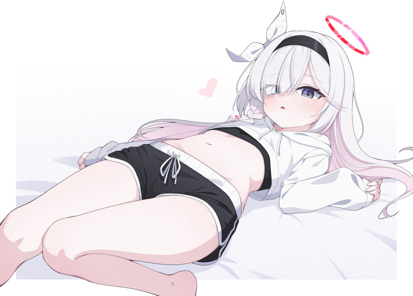 1girl black_eyes black_hairband black_shorts blue_archive cinamon_(cinamori) commentary_request dolphin_shorts hairband halo highres hood long_hair long_sleeves lying navel on_back pink_hair plana_(blue_archive) red_halo shorts solo white_hair