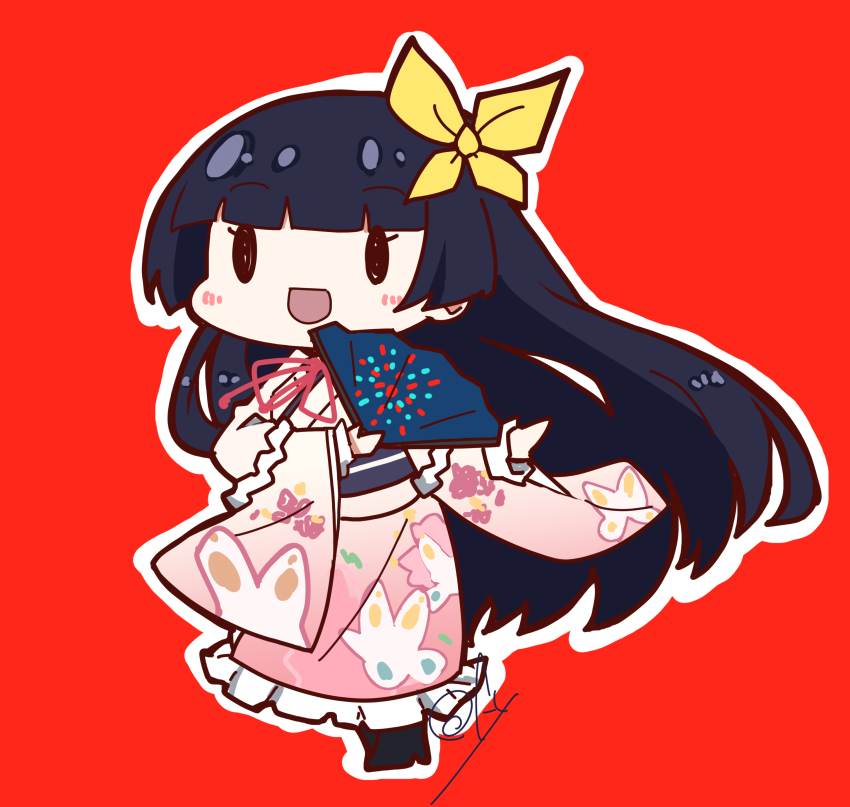 1girl :d absurdres animal_print black_boots black_hair blunt_bangs blush boots bow butterfly_print butterfly_print_kimono chibi commentary fireworks_print folding_fan frilled_kimono frills full_body gradient_background hair_bow hand_fan hashtag-only_commentary highres hime_cut holding holding_fan ikizulive!_love_live!_bluebird japanese_clothes kimono komagata_hanabi layered_sleeves long_hair long_sleeves love_live! neck_ribbon oofushi_ao open_mouth outline pink_kimono print_folding_fan print_kimono red_background red_ribbon ribbon shrug_(clothing) sidelocks signature simple_background smile solid_oval_eyes solo standing very_long_hair white_outline white_shrug yellow_bow