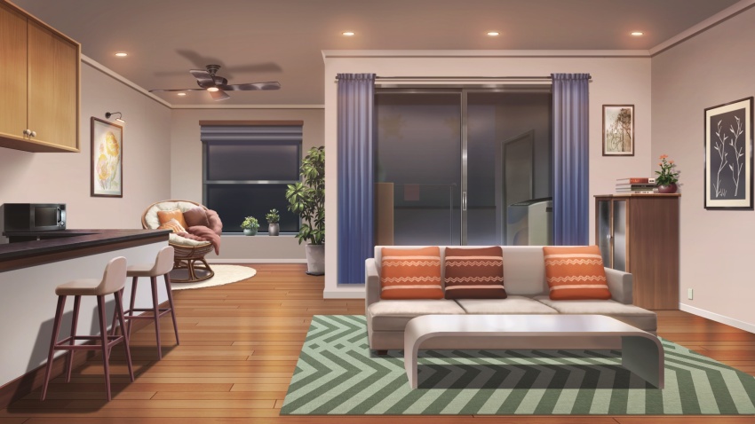 balcony ball_chair bar_chair book book_stack cabinet carpet ceiling_fan ceiling_light clothes_hanger clothesline couch drawer hanging_plant highres indoors living_room microwave night no_humans non-web_source official_art our_life our_life:_beginnings_and_always photo_(object) pillow plant potted_plant rug scenery table variant_set washing_machine window_light wooden_floor