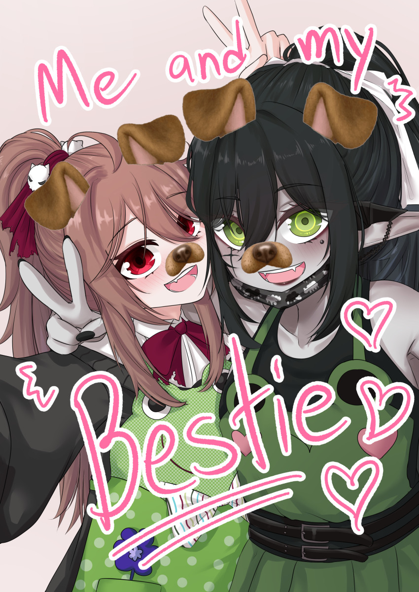absurdres ahoge animal_ears animal_print apron black_cardigan black_hair black_nails black_shirt bow bowtie cardigan dog_ears dog_snout english_text evil_neuro-sama frog_apron frog_print green_apron green_eyes hair_ornament heart highres indie_virtual_youtuber layna_lazar long_hair monotoxy nail_polish neuro-sama open_mouth pale_skin ponytail red_bow red_bowtie red_eyes ritspi shirt skull_hair_ornament smile speech_bubble standing v vedal_ai white_shirt