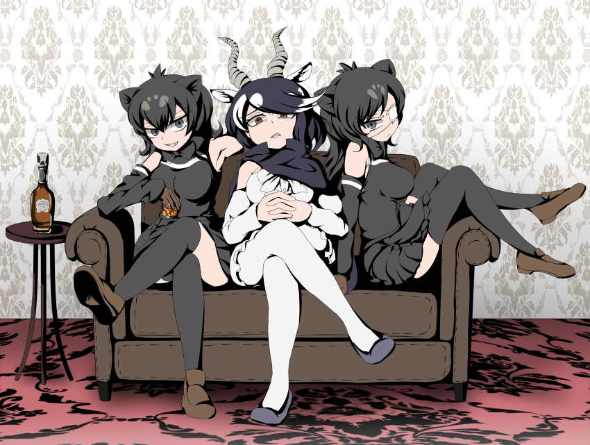 3girls absurdres alcohol animal_ears annoyed antelope_ears antelope_horns apron arm_support armpits australian_devil_(kemono_friends) bare_shoulders batten_japari_dan black_apron black_cape black_hair black_legwear blackbuck_(kemono_friends) bottle bow bowtie brown_eyes cape couch crossed_legs cup detached_sleeves drink drinking_glass eyepatch full_body furrowed_brow gloves grey_eyes grey_hair grin hair_between_eyes highres horns indoors kemono_friends kemono_friends_3 leaning_back long_hair looking_at_viewer medical_eyepatch medium_hair miniskirt multicolored_hair multiple_girls on_couch open_mouth own_hands_together pantyhose shimosazami shirt shoes sitting skirt sleeveless sleeveless_shirt smile swept_bangs tasmanian_devil_(kemono_friends) tasmanian_devil_ears thighhighs two-tone_hair v-shaped_eyebrows waist_apron white_hair white_legwear zettai_ryouiki