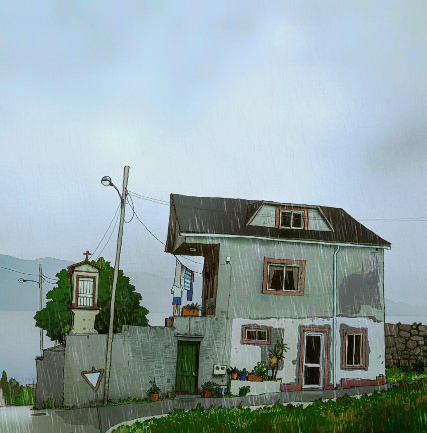 1other alariko blue_shorts clothesline cross day door drainpipe grass grey_sky highres house lamppost latin_cross original outdoors overcast plant potted_plant rain road road_sign scenery shirt shorts sign sky solo stone_wall street tree very_wide_shot wall white_shirt window wooden_door