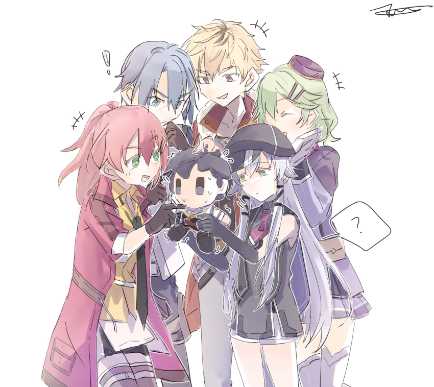 3boys 3girls ? altina_orion bike_shorts blonde_hair blue_eyes blue_hair brown_eyes crow_armbrust double-parted_bangs eiyuu_densetsu green_eyes green_hair grin hat highres holding holding_stuffed_toy juna_crawford kneehighs kurt_vander long_hair multiple_boys multiple_girls musse_egret necktie open_mouth parted_bangs pink_hair ponytail rean_schwarzer sen_no_kiseki sen_no_kiseki_(series) sen_no_kiseki_iv short_hair shorts signature simple_background smile socks speech_bubble stuffed_toy white_background white_hair yachi337