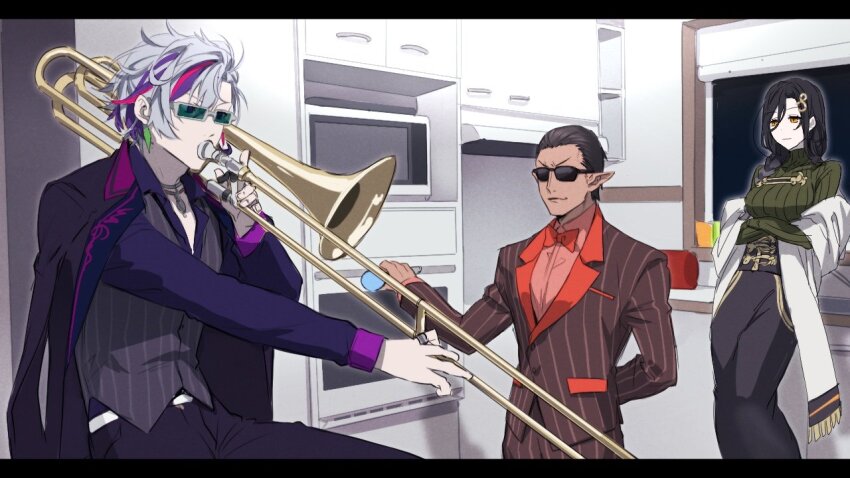 1girl 2boys belt black_hair bow bowtie brown_hair closed_mouth formal_clothes fuwa_minato green_hair green_sweater grey_hair grey_vest gwelu_os_gar gwelu_os_gar_(1st_costume) hair_ornament holding holding_instrument holding_microphone holding_trombone indoors instrument jewelry jip kitchen meme microphone multicolored_hair multiple_boys necklace night_kingdom_(nijisanji) nijisanji orange_bow orange_bowtie orange_eyes pants pointy_ears purple_hair purple_shirt ring shirayuki_tomoe shirayuki_tomoe_(1st_costume) shirt suit sunglasses sweater trombone vest virtual_youtuber when_mama_isn&#039;t_home_(meme) white_belt