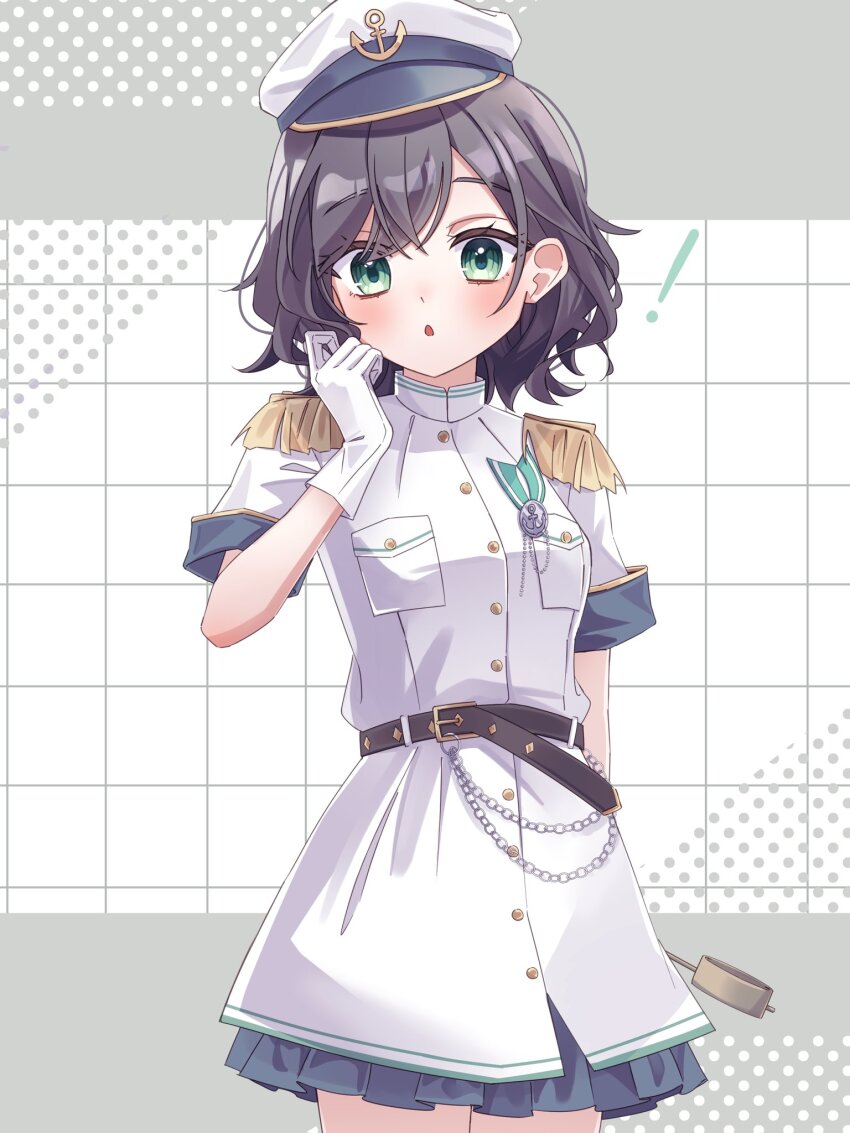 ! 1girl alternate_costume anchor_symbol belt black_belt black_hair blush border breast_pocket buttons chain checkered_background cowboy_shot dress epaulettes frills gloves green_eyes grey_border hair_between_eyes hand_up hat highres looking_at_viewer mandarin_collar murasa_minamitsu open_mouth outside_border pocket sailor_dress sailor_hat short_hair short_sleeves solo standing touhou white_background white_dress white_gloves white_hat ww333v