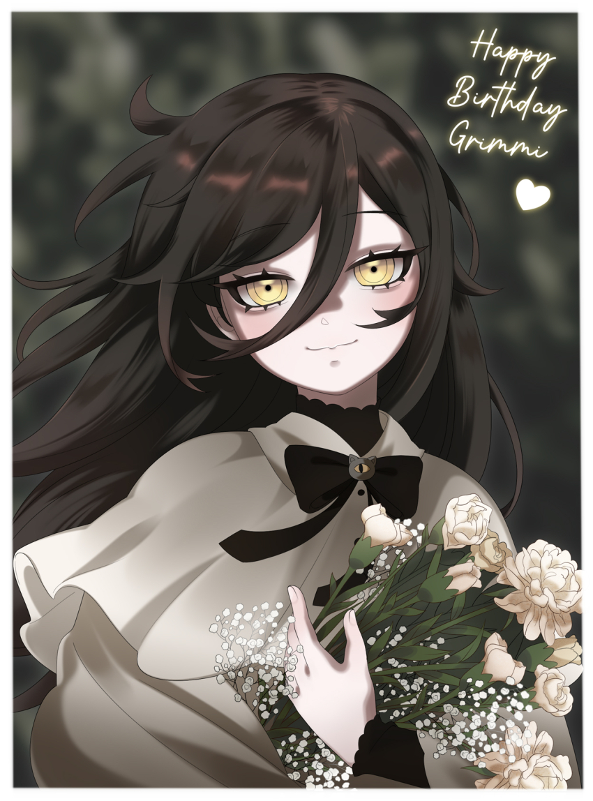 1girl black_bow black_bowtie black_hair blurry blurry_background bouquet bow bowtie cloak english_text eyelashes eyeliner flat_chest floating_hair flower grimmi_(vtuber) hair_between_eyes happy_birthday heart highres holding holding_bouquet holding_flower indie_virtual_youtuber looking_at_viewer makeup messy_hair pale_skin petite ringed_eyes shirt smile solo straight-on thegraveyardcat upper_body virtual_youtuber white_cloak white_flower white_shirt yellow_eyes