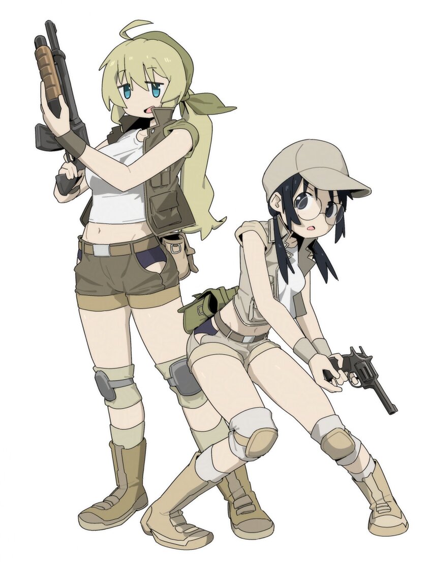 2girls :d absurdres ahoge assault_rifle bandana belt belt_pouch black_eyes black_hair blonde_hair blue_eyes boots breasts brown_footwear brown_jacket brown_shorts commentary commission english_commentary fubarmoe glasses gun handgun hat highres holding holding_gun holding_weapon jacket kneepits medium_breasts military military_hat military_uniform multiple_girls navel open_mouth original pince-nez ponytail pouch revolver rifle round_eyewear shirt shorts simple_background sleeveless sleeveless_jacket smile standing stomach weapon webley_revolver white_background white_shirt