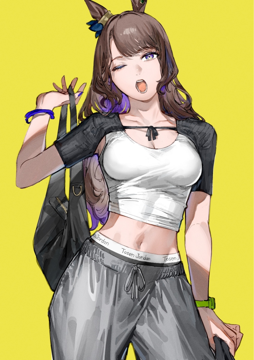 1girl animal_ears bag black_bag black_panties blue_eyes blue_eyeshadow blue_hair blue_nails bracelet breasts brown_hair cleavage collarbone crop_top detached_sleeves ear_ornament eyeshadow gradient_hair grey_pants hand_up handbag high-waist_panties highres horse_ears horse_girl jewelry large_breasts long_hair makeup multicolored_hair nail_polish navel one_eye_closed open_mouth otimusyairoha panties pants shirt short_sleeves shrug_(clothing) simple_background sleeveless sleeveless_shirt solo sweatpants tank_top tongue tosen_jordan_(umamusume) umamusume underwear underwear_peek very_long_hair watch white_tank_top wristwatch yawning yellow_background