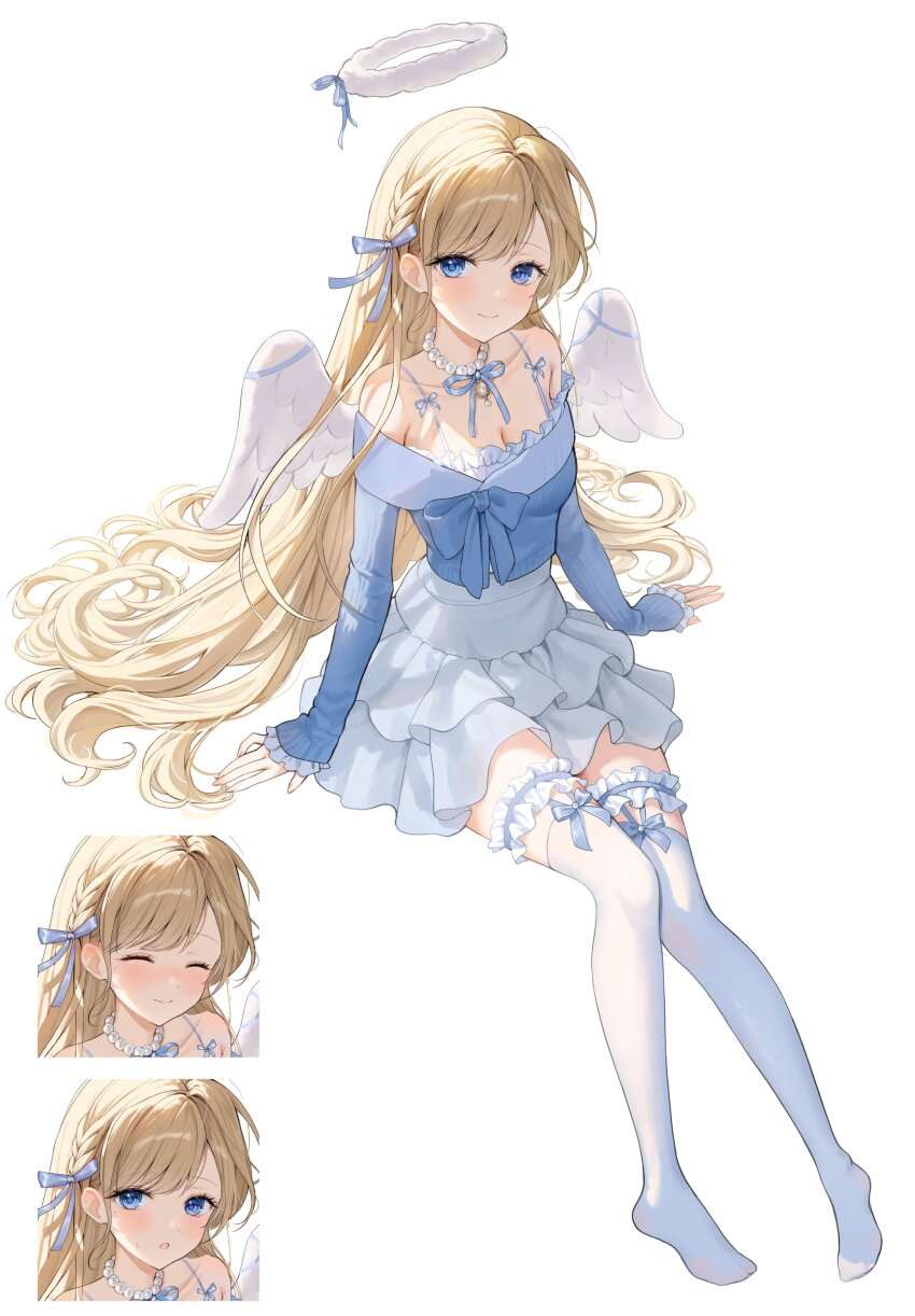 1girl absurdres arm_support bead_choker beads blonde_hair blue_eyes blue_ribbon blush breasts choker cleavage closed_mouth collarbone commentary dot_nose frilled_skirt frilled_thigh_strap frills full_body hair_ribbon halo hashtag-only_commentary highres invisible_chair kuuhaku_(wutt5584) long_hair looking_at_viewer miniskirt multiple_expressions neck_ribbon no_shoes original ribbon shirt side_part simple_background sitting skirt sleeves_past_wrists small_breasts smile solo thigh_strap thighhighs very_long_hair white_background white_choker white_halo white_shirt white_thighhighs white_wings wings zettai_ryouiki