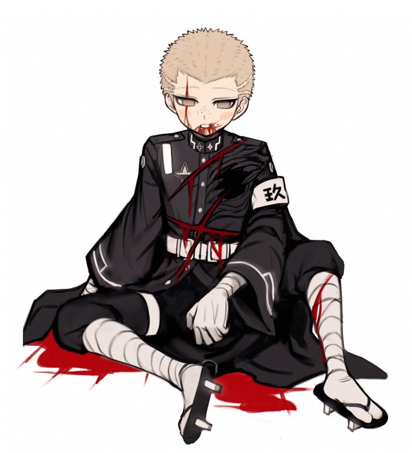 1boy arm_wrap armband belt blank_eyes blood blood_on_clothes blood_on_face blood_on_ground blood_on_leg blood_on_mouth blush_stickers casssstle12 commentary commentary_request crew_cut cuts danganronpa_(series) danganronpa_2:_goodbye_despair deep_wound freckles geta highres hole_in_chest hole_on_body injury kuzuryu_fuyuhiko last_defense_academy_school_uniform leg_wrap male_focus school_uniform simple_background sitting solo tabi the_hundred_line_-last_defense_academy- white_armband white_background yellow_eyes