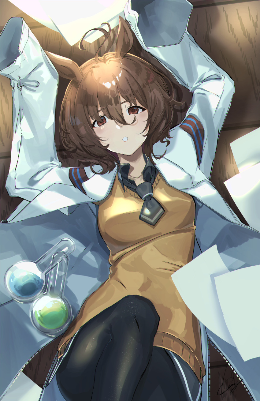 1girl absurdres agnes_tachyon_(umamusume) ahoge animal_ears black_necktie black_pantyhose blush breasts collarbone commentary flask hair_between_eyes highres horse_ears horse_girl lab_coat long_sleeves looking_at_viewer medium_breasts necktie pantyhose parted_lips pov red_eyes shikaya short_hair sleeves_past_fingers sleeves_past_wrists solo sweater_vest umamusume volumetric_flask yellow_sweater_vest
