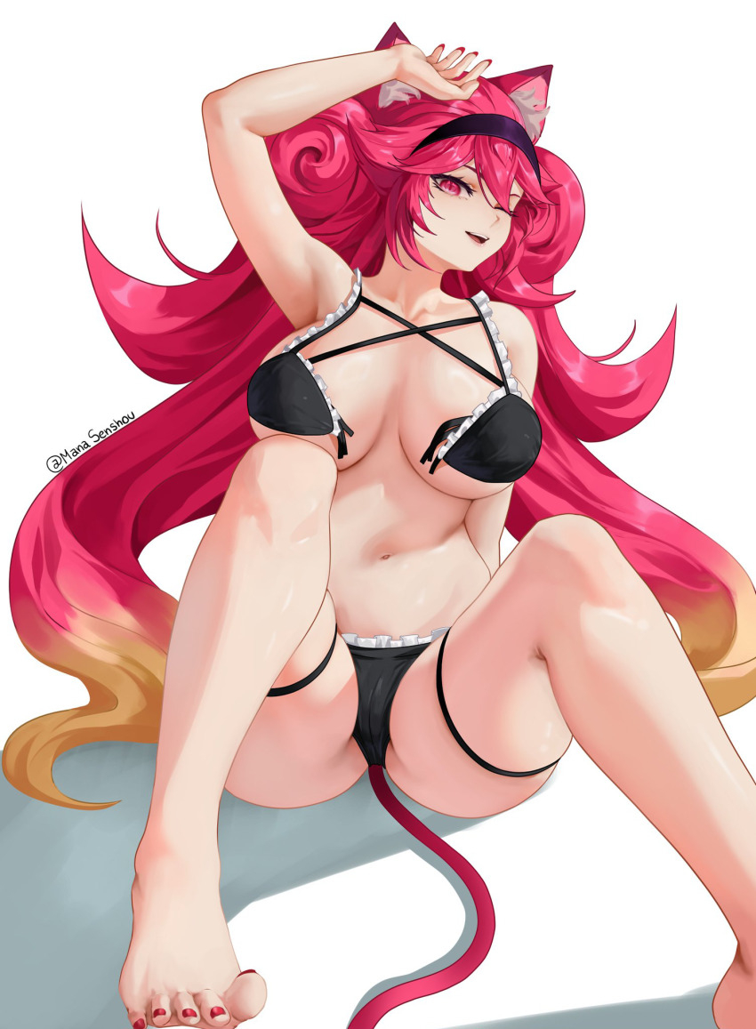 1girl animal_ears arm_above_head arm_support arm_up artist_name bikini black_bikini breasts cleft_of_venus eyebrows eyelashes female_focus fingernails foot_out_of_frame frilled_bikini frills gradient_hair hairband highres indie_virtual_youtuber knees_up large_breasts lion_ears lion_girl lion_tail long_fingernails long_hair looking_at_viewer lunaria_ayaren mana_(manasenshou) multicolored_bikini multicolored_hair nail_polish navel one_eye_closed orange_hair purple_hairband red_eyes red_hair red_nails simple_background sitting slit_pupils smile solo spread_legs swimsuit tail teeth toenail_polish toenails toes torn_bikini torn_clothes twintails two-tone_bikini two-tone_hair upper_teeth_only virtual_youtuber white_background