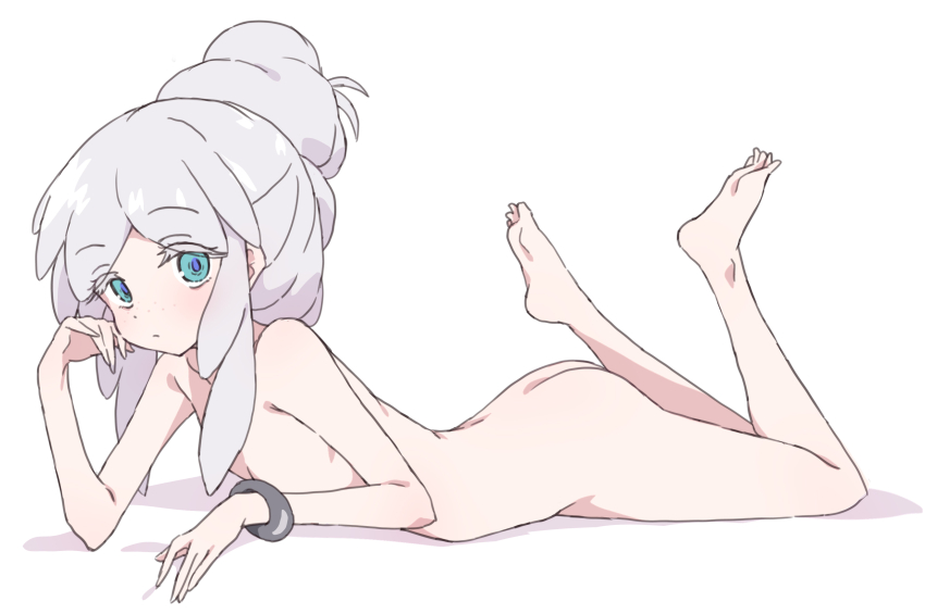 1girl absurdres aqua_eyes ass barefoot blue_eyes bracelet commentary_request completely_nude deux_murasame flat_chest grey_hair gundam gundam_gquuuuuux highres jewelry legs looking_at_viewer lying mel_(melty_pot) nude on_stomach sidelocks simple_background soles solo toes white_background