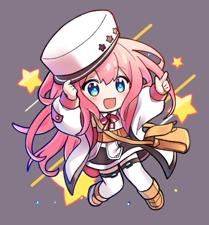 1girl blue_eyes blush boots brown_boots chibi coat full_body highres long_hair long_sleeves marimo_jh open_mouth pink_hair shii_(siixtar_gate) shirt simple_background sixtar_gate skirt smile solo star_(symbol) thighhighs very_long_hair white_coat white_headwear white_shirt white_skirt white_thighhighs