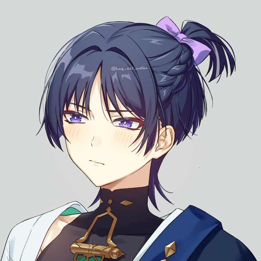 1boy alternate_hairstyle black_bodysuit black_hair blue_cape bodysuit bow braid bright_pupils cape closed_mouth covered_collarbone expressionless eyeliner eyeshadow genshin_impact hag_(hag_015) hair_bow hair_intakes half_up_braid high_ponytail highres japanese_clothes kimono looking_to_the_side makeup male_focus mandarin_collar multicolored_hair official_alternate_hairstyle open_clothes open_kimono ponytail portrait purple_bow purple_eyes red_eyeliner red_eyeshadow scaramouche_(genshin_impact) short_ponytail shoulder_peek sidelocks solo streaked_hair wanderer_(genshin_impact) white_background white_kimono white_pupils